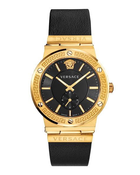 versace stainless steel & leather-strap gold watch 1495|versace greca watches.